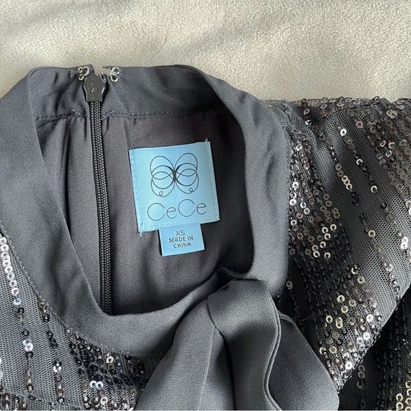 CeCe Size XS Black Sequin Layered Bow Tie Neck Sleeveless Cocktail Dress - Picture 15 of 16